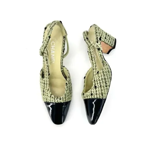 Chanel CC Logo Green Wool Tweed Patent Cap Toe Slingback Heeled Sandals 37 - Picture 2 of 7